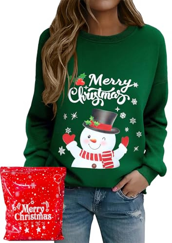 Lonya Sudadera Navideña Mujer Jersey Feo Ugly Christmas con Árbol de Navidad Manga Larga Cuello Redondo Informal y Divertida Camisetas para Fiestas Muñeco de Nieve-Verde,M