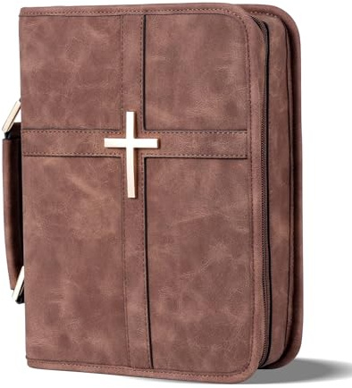 Vegan Leather Bible Cover Case, Bible Bag with Phone Pocket, Bible Case for Men Women, Christian Gift Box Packaging (Brown)