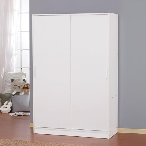 Home Source 2 Door Sliding Wardrobe – White Modern Wardrobe with Hanging Rail & Storage Shelves – Space-Saving Bedroom Furniture, Durable Particleboard, Easy Home Assembly