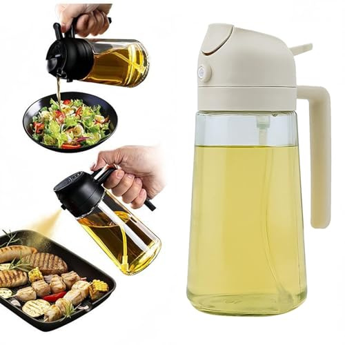 TASBER 470ml Olive Oil Spray Bottle, 2 in 1 Olive Oil Dispenser Bottle for Cooking, Kitchen Gadgets Accessories for Air Fryer, Cooking, Salad, BBQ, Kitchen Use (Beige)