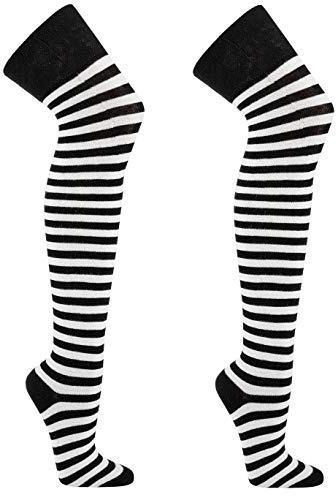 krautwear® Medias de rayas por encima de la rodilla para mujer, calzado, carnaval, cosplay, años 80, negro-blanco-2x, Talla única