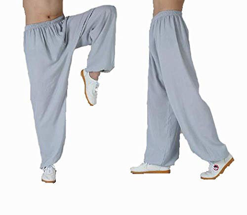 Tai Chi Kleidung Damen，Frau Und Männer Tai Chi Hosen Bambus Hanf Wu Shu Kung Fu Kleidung Weiche Bequeme Atmungsaktive Yoga-Ausrüstung Kampfkunst Zen Meditation Traditionelle Wing Chun Uniform,Grey-XL