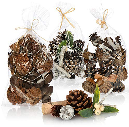 com-four® 3X Weihnachtsdekoration im Beutel mit Zapfen, Rinde und Beeren - Streudeko weihnachtlich - Bastel Set - Tischdeko - Adventskranz - Weihnachtsschmuck (3X Beutel: Zapfen. Rinde. Beeren)