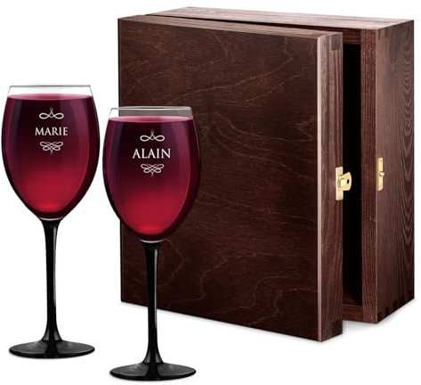 Maverton Ensemble de 2 Verres à vin Personnalisés - 330ml Verre a vin rouge et blanc - Cadeau Personnalisé pour Parents - Cadeau Couple - Classic Verre à pied noir- Prénoms