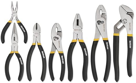 HURRICANE 7-Piece Pliers Set – 8 Water Pump, 8/6 Slip Joint, 7 Linesman, 6 Diagonal, 6 & Mini Long Nose, Carbon Steel, Anti-Slip Double-Dipped Handle for Home, DIY, Automotive