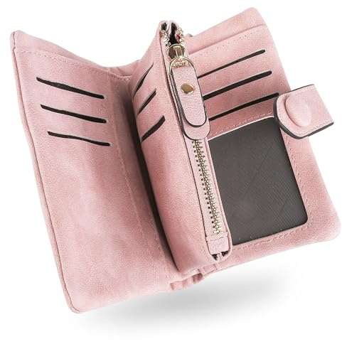 SNCCJ Geldbörse Damen Kurzer, Weich Leder Portemonnaie mit RFID Schutz, Damen Geldbeutel mit Viel Kartenfächer (Rosa)