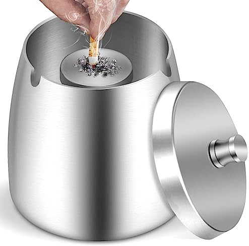 Askkopp för utomhusbruk (9 x 7 x 9 cm), askkopp i rostfritt stål med lock, stormaskskopp som stor vindaskugg, askkopp med cigarettlock för hem kontor bil dekoration – silver