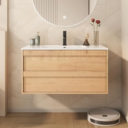 UEV Waschtisch mit Unterschrank, Waschbeckenunterschrank 90cm hängend, mit Soft-Close-System, Waschplatz, Aufsatzwaschbecken, Badezimmmer Möbel für Gäste WC, Badmöbel Set für Badezimmer, Natur