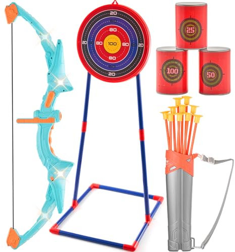 VEVOR Pfeil- und Bogenset für Kinder, Bogenschießset mit LED-Beleuchtung und 10 Pfeilen mit Saugnapf, stehende Zielscheibe, 3 Zieldosen, Outdoor-Spielzeug für Jungen und Mädchen ab 6-10 Jahren