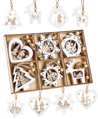 24 Stück Weihnachtsbaumschmuck Holz, Anhänger Weihnachtsbaum, Schneeflocken aus Holz, Christbaumschmuck Holz, Anhänger Hängeornamente Weihnachtsbaumschmuck mit Juteseil für Christbaumanhänger