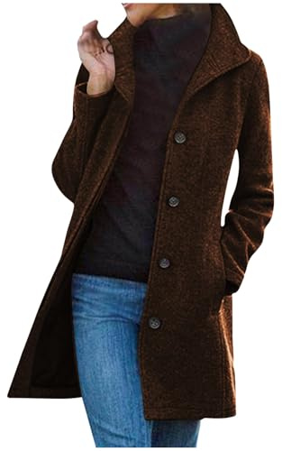 OVARA Cappotti lunghi in lana da donna, trench elegante a petto singolo, taglia più, revers tinta unita, giacca lunga invernale, cappotto termico da esterno con tasca, M