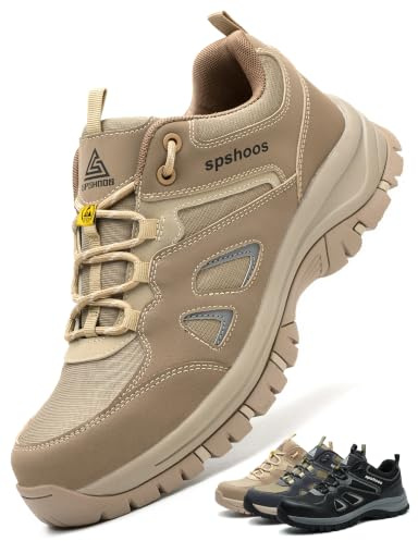 Zapatos de Seguridad para Hombre Mujer S1P ESD Zapatillas Trabajo Comodos Calzado de Seguridad Ligero con Punta de Acero Caqui EU 40