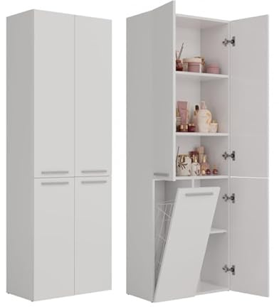 BDW, Armadietto da bagno, cesto per la biancheria, 4 - porte, 174 x 60 x 30 cm, mobile basso, mobile sotto lavabo, armadio alto, mobili da bagno, armadio alto per il bagno, scaffale da bagno (Bianco)