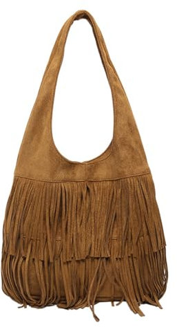 CORIOS Damen Wildleder Handtasche Vintage Fransen Hobo Taschen für Frauen Schultertasche mit Quasten Retro Tragetasche Weiches Kunstleder Henkeltaschen Elegant Arbeit Shopper Reise Tote Beutel Braun