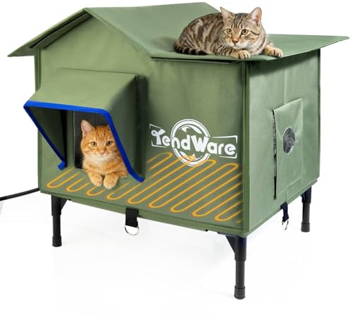 TENDWARE Outdoor Cat House Heated Cat House for Outside with Elevated Base Cat-Attracting Eave Design Feral Stray Shelter Weatherproof in Winter Garage Yard Porch