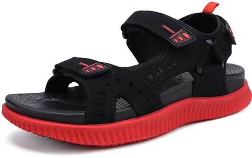KuaiLu Mens Leather Hiking Sandals with Arch Support Orthopedic Sport Recovery Athletic Walking Sandals For Man Outdoor Summer Casual Thick Cushion Beach Water Fisherman Sandal, size 6 Black Red