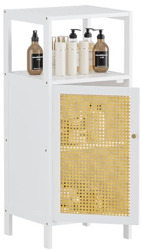 HITNET Mueble Baño Pequeño de Ratán, Armario Auxiliar Baño de Bambú, Gabinete de Almacenamiento Independiente de una Puerta con Estanterías Abiertas, para Sala de Estar, Cocina, Entrada, Blanco
