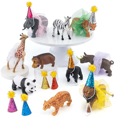 30PCS Jungle Animals Birthday Party Decorations Set, Safari Animal Cake Toppers with Hats and Ballet Skirts, Perfect for Kids Jungle Themed Party Supplies, Wild Animal Décor for Birthday Celebration