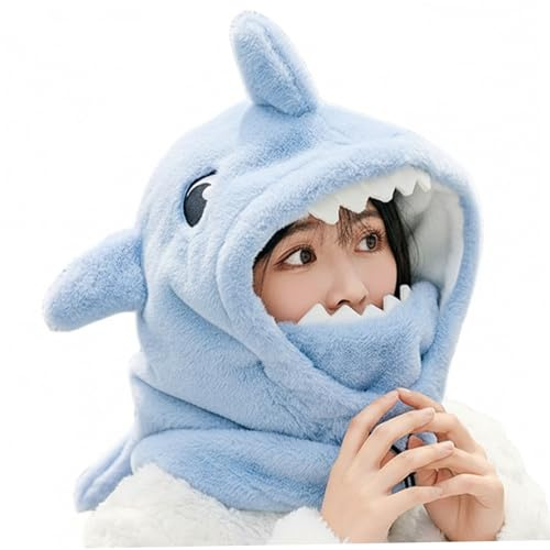 Shark Hat Bonnet en peluche, masque de ski avec couverture complète du visage, animal mignon, housse de casque ski, capuche pour sports d'hiver, cosplay et cadeaux, bleu, bonnet, req