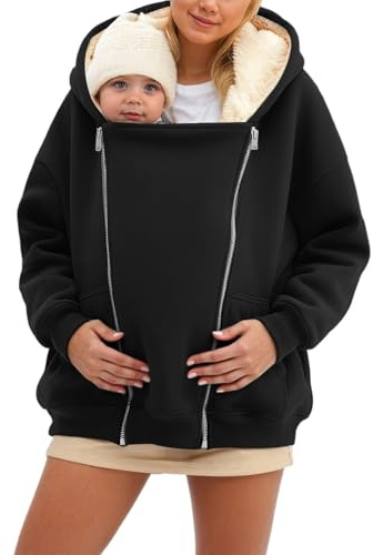lozssnigzi Felpa con Cappuccio in Pile 3 in 1 per Marsupio Porta Bebè da Donna, con Cerniera, Cappotto a Canguro, Top per Gravidanza, Porta Bebè