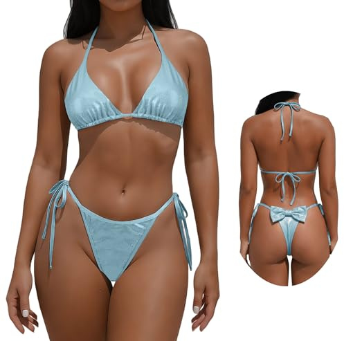 Ausing Métallique Bikini String Brésilien Sexy Maillots de Bain 2 Pièces pour Femme Bikini Set Halter Triangle Plage M