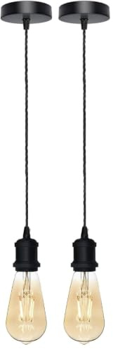LEDSone Vintage Matt Black Pendant Light Fitting E27 – 1m Twisted Braided Cable Ceiling Lamp Holder Industrial Hanging Light Kit (Pack of 2)