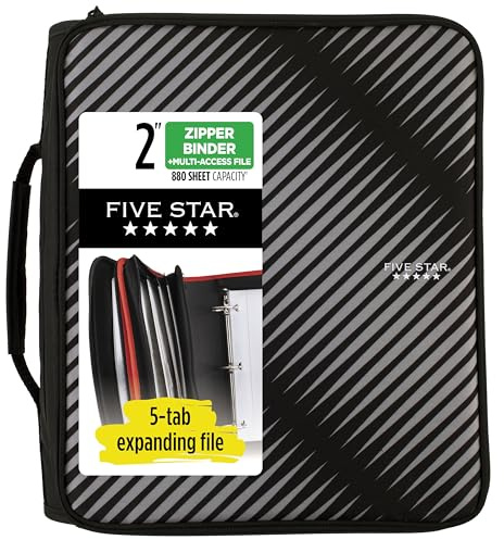 Five Star Zipper Binder, 2 Inch 3-Ring Binder with Round Rings, 5-Tab Expanding File, 380 Sheet Capacity, Black (72536)