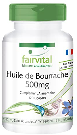 fairvital Capsules d'huile de bourrache 500mg, 120 LiCaps®, faciles à avaler, HAUTEMENT DOSÉES, pressées à froid, riches en acide gamma-linolénique (oméga-6), VÉGÉTALIENNES