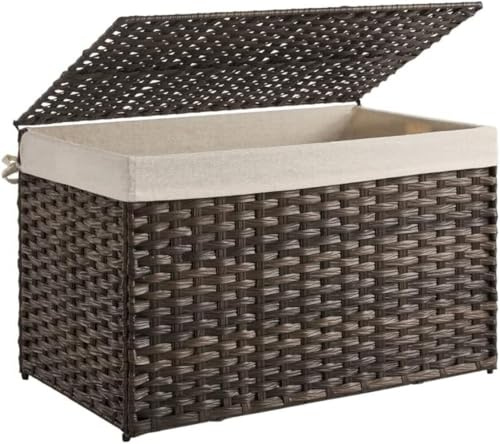 SONGMICS Storage Basket with Lid, Woven Blanket Storage Bin with Handles, Foldable, Removable Liner, Metal Frame, for Bedroom, Laundry Room, 42.3 Gallons (160 L), Brown URST76BR