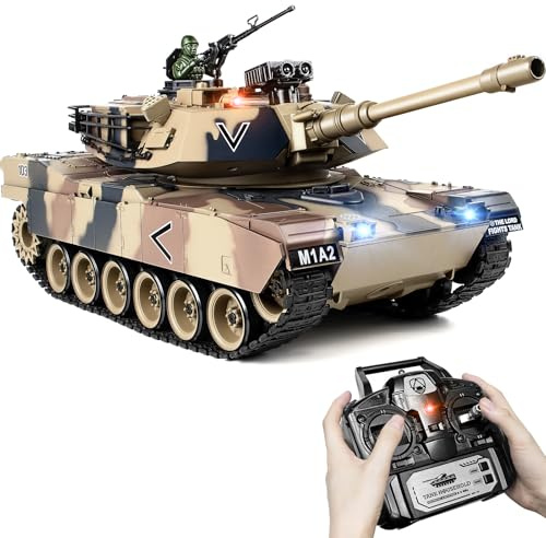 Supdex Tank Telecommande M1A2 Abrams 1:18, Tank Militaire Télécommandé Adulte avec Recul, Fumée, Lumières, Sons, Maquette Char de Combat, Tire Billes Airsoft, Véhicule Armée Enfant et Adulte