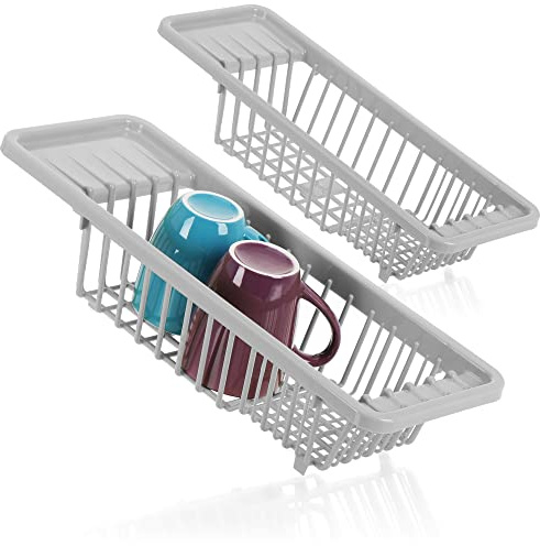 com-four® 2 cestelli scolapiatti - scolapiatti per lavello - scolapiatti grigio per stoviglie e altri articoli per la casa - gancio per lavello