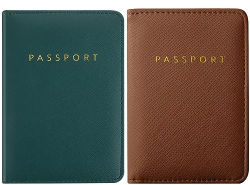 2 Pieces Bridal Passport Covers Holder Travel Wallet Passport Case, Brown and Green,