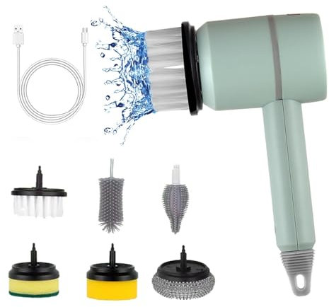 Dish Buddy Cepillo de Limpieza eléctrico para lavavajillas Fregadora automática de Pisos Recargable por USB Automático Inalámbrico Hogar y Cocina con 6 Cabezales de Cepillo reemplazables