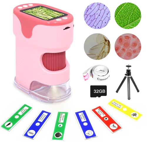 Handhållet digitalt mikroskop för barn med 2 tum HD-skärm, 200 ~ 1 000 x fickmikroskop, startpaket med 6 slumpmässiga provbilder och 32 G SD-kort ingår, pedagogisk gåva för barn i åldern 6+(rosa)