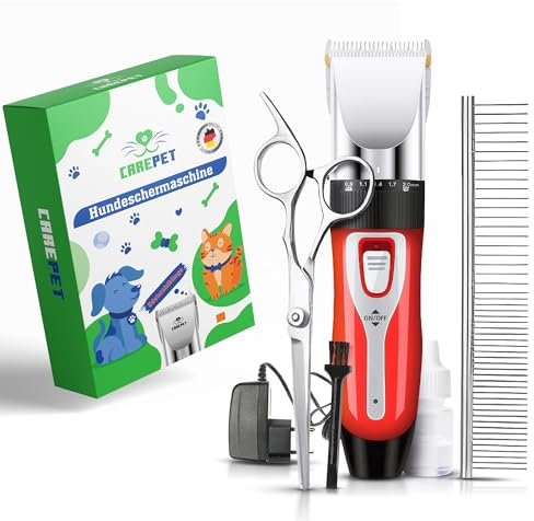 Premium Hundeschermaschine CarePet® - Profi Schermaschine für Hunde Katzen - Geräuscharm Leise Schnurlosen Haarschneidemaschine Tierhaarschneidemaschine Elektrische Hundetrimmer (Rot)