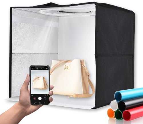Andoer Scatola fotografica 40 x 40 x 40 cm, studio fotografico pieghevole, 3200-6500 K, dimmerabile, tenda luminosa a LED con 6 sfondi colorati per fotografia di prodotti, piccoli oggetti, alimentata