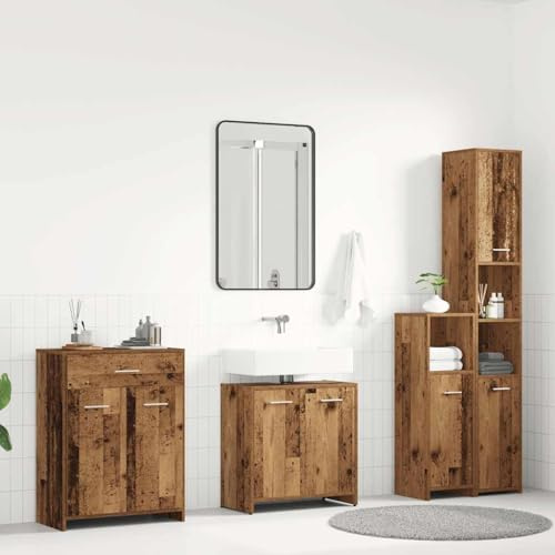 Gecheer Set Mobili da Bagno 4 Pezzi, Mobile Lavabo con Piano per Lavandino, Spazio Portaoggetti e Anta Chiusa in Legno Tecnico Antico 60x33x60 cm, 30x30x95 cm, 30x30x183,5 cm, 60x33x80 cm for Bagno