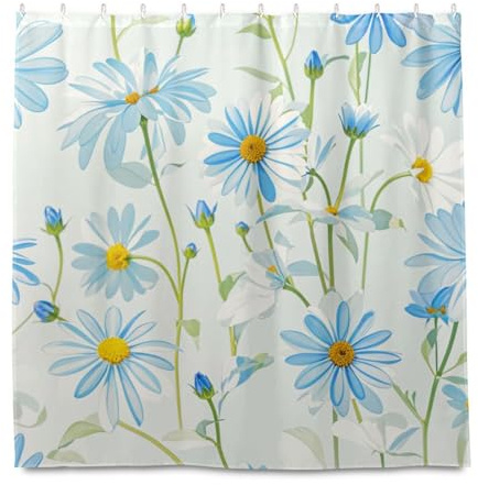 miaozhen Tenda da doccia standard impermeabile con gancio, 182 x 182 cm, tessuto in poliestere con margherite blu fresche estive, lavabile in lavatrice, fodera per vasca da bagno Cortina para ba?o a