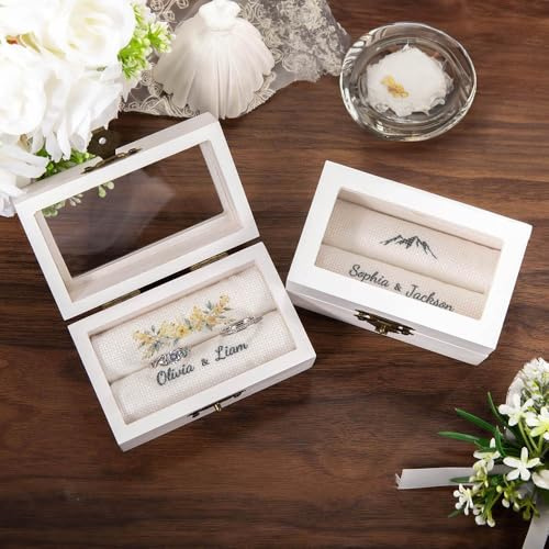 idooodle Custom Elegant Wooden Ring Box, Personalized Couple Name and Date Wedding Ring Box with Protective Cushion Gift for Bride Groom Couple
