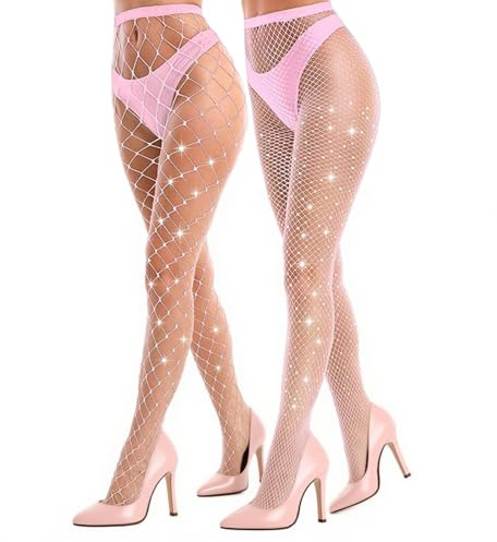 SNDE Confezione da 2 collant a rete da donna rosa, elastici e scintillanti con motivo a rete a diamante, per feste, balli, giochi di ruolo, Halloween (2 pezzi, maglia grande + maglia piccola)