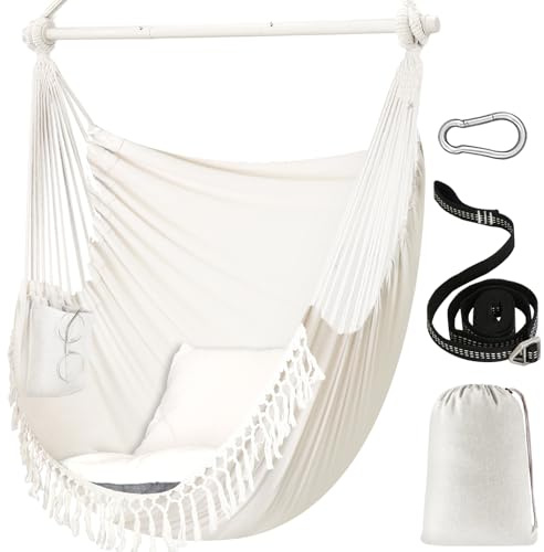 Chihee Sièges Suspendus 150 x 120 cm Fauteuil hamac Poids Maximal 227 kg Balançoire Suspendue Confortable et Large 2 Coussins Barre d'écartement en métal avec rainures antidérapantes Poche latérale