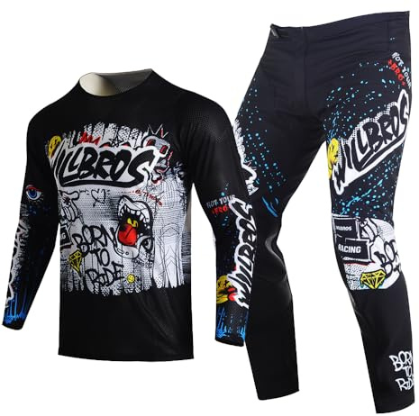 Willbros Giovani Completo Maglia e Pantaloni da Motocross e MX BMX Enduro MTB Moto Quad Fuoristrada Corse Bambini Ragazzi Ragazze Nero Bianco YXL