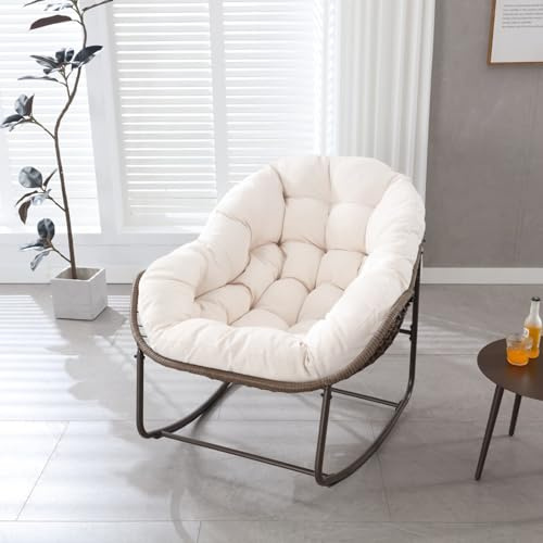 Sweiko Fauteuil à Bascule d'Extérieur en Rotin avec Coussin Moelleux,Fauteuil de Loisirs Ergonomique Adapté aux Porches,Salons,Terrasses et Jardins (White)