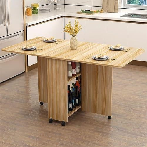 Tavolo da pranzo pieghevole salvaspazio su ruote, design allungabile, multifunzione, con ripiani portaoggetti, per lavoro, studio, sala da pranzo e piccoli spazi