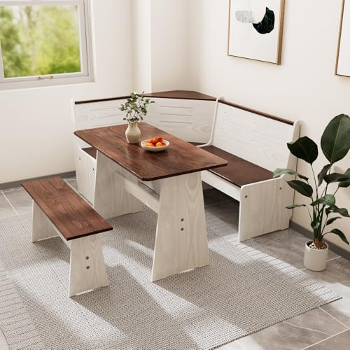 Cidase Kitchen Breakfast Nook Table Set - Solid Wood Corner Bench Dining Set for 4-6 People, L Shaped Bench for Dinner Room, Space Saving Kitchen Booth Seating with Table for Small Space, Brown