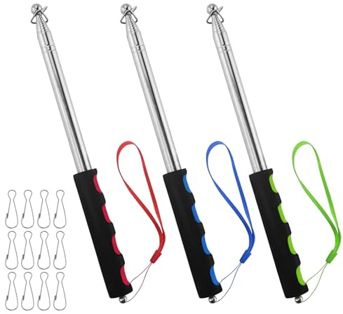 3 aste telescopiche per bandiere, 2 m, in acciaio inox con 12 ganci, asta telescopica allungabile per viaggi, campeggio, guide turistiche (blu, verde e rosso)