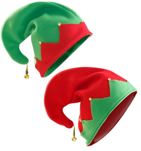 QUMIIRITY Cappelli a Campana Natalizi in Flanella Rossa e Verde 2 Pezzi Copricapo Elfo per Feste di Natale