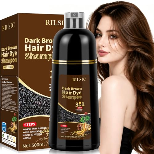 500ML Hair Dye Shampoo 3 en 1, Champu Tinte Cubre Canas, Champu para Canas, Champú Tinte Pelo Instantáneo, Shampoo Color Tinte de Pelo en Minutos Champú Tinte Mujer y Hombre (Castaño Oscuro)
