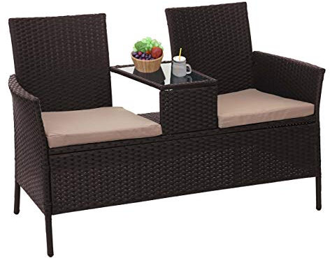 Mendler Poly-Rattan Sitzbank mit Tisch HWC-E24, Gartenbank Sitzgruppe Gartensofa, 132cm - braun, Kissen Creme