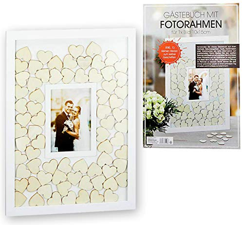 Brandsseller Libro de visitas con marco de fotos integrado, bodas, ocasiones con 72 corazones de madera para escribir